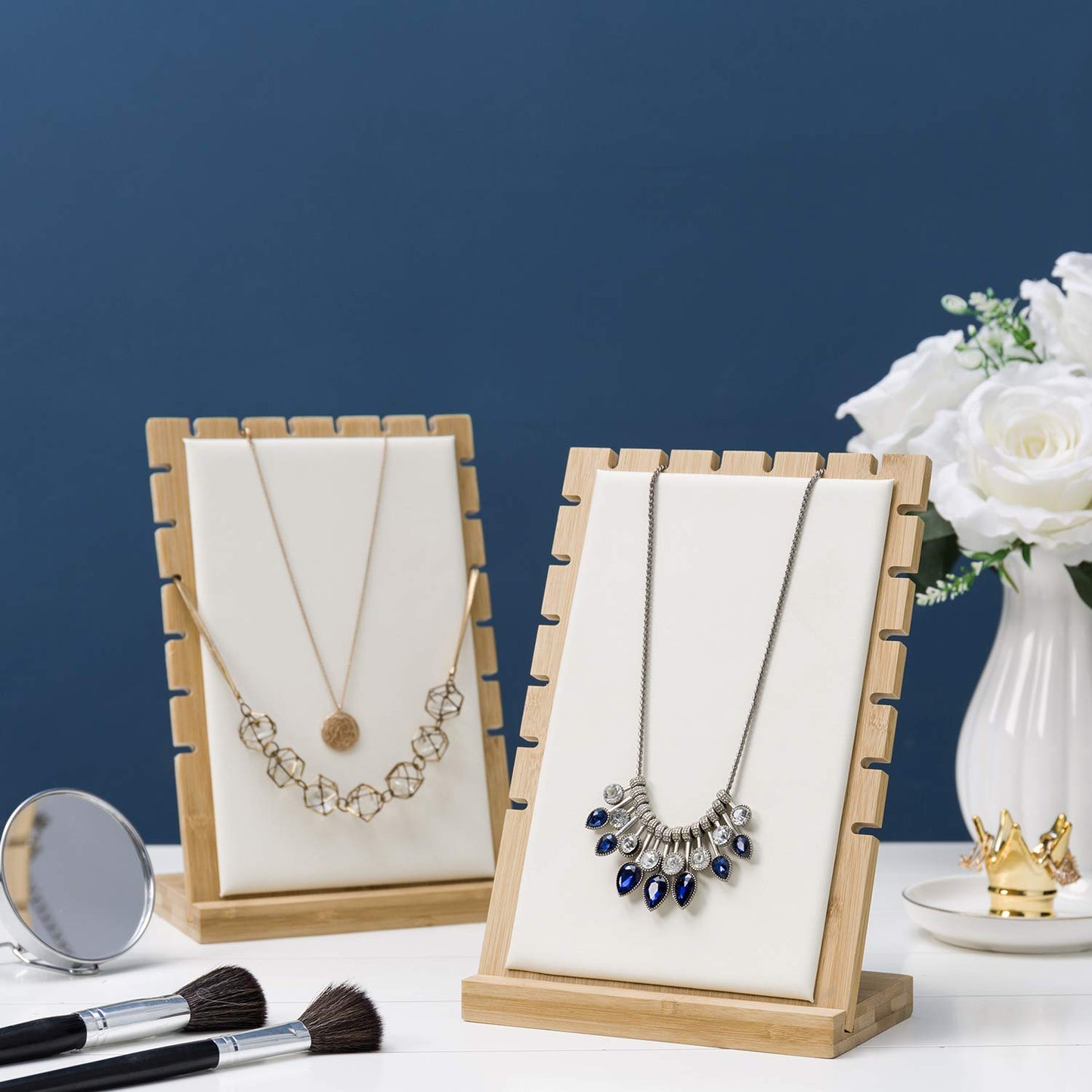 MyGift necklace display standMyGift 2-Pack Bamboo Jewelry Display Stands with PU Panel & Multi-Rung Design – Detachable Bases, Non-Scratch Surface jewelry display for vendors,