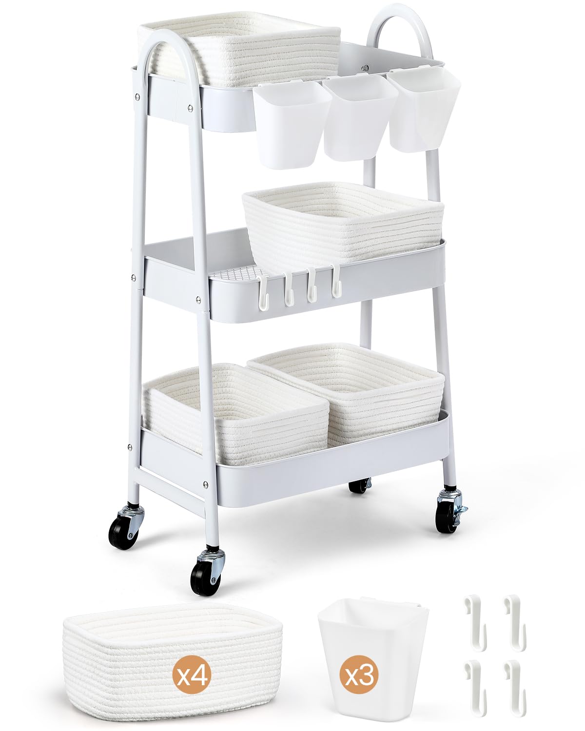 3-Tier Rolling Utility Cart with 4 Woven Baskets, Diaper Book Snack Cart, Storage Organizer for Nursery, Kitchen, Craft Room, Home SPA, Living Room, Metal Frame Trolley on Lockable Wheels, White