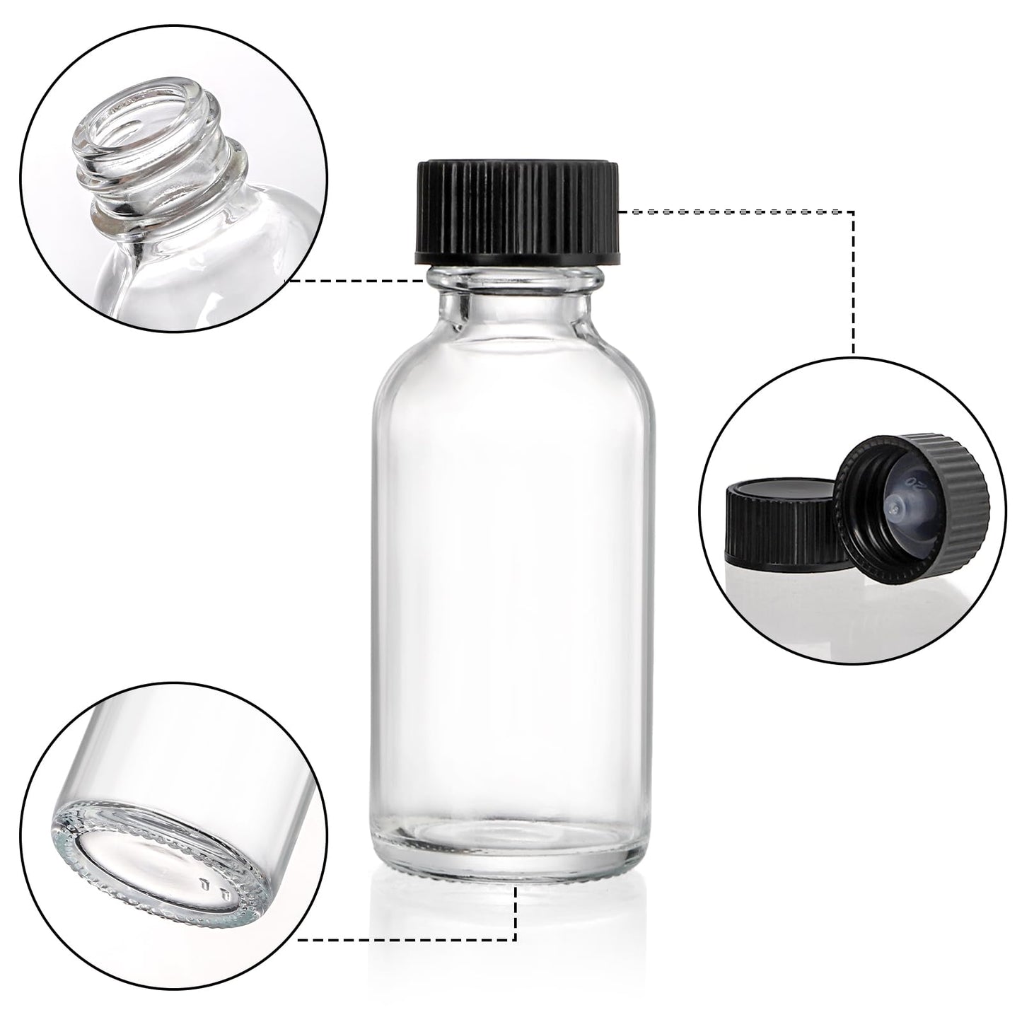 Bekith 30 Pack Boston Round Glass Bottle with Black Cap, 1 oz (30ml) Clear Glass Bottles Small Travel Bottle