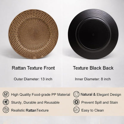 osgevei 13in Charger Plates Set of 12- Faux Rattan Chargers for Dinner Plates- Brown Round Plastic Plate Charger- Farmhouse Rustic Table Charger for Wedding, Party,Halloween, Thanksgiving, Christmas