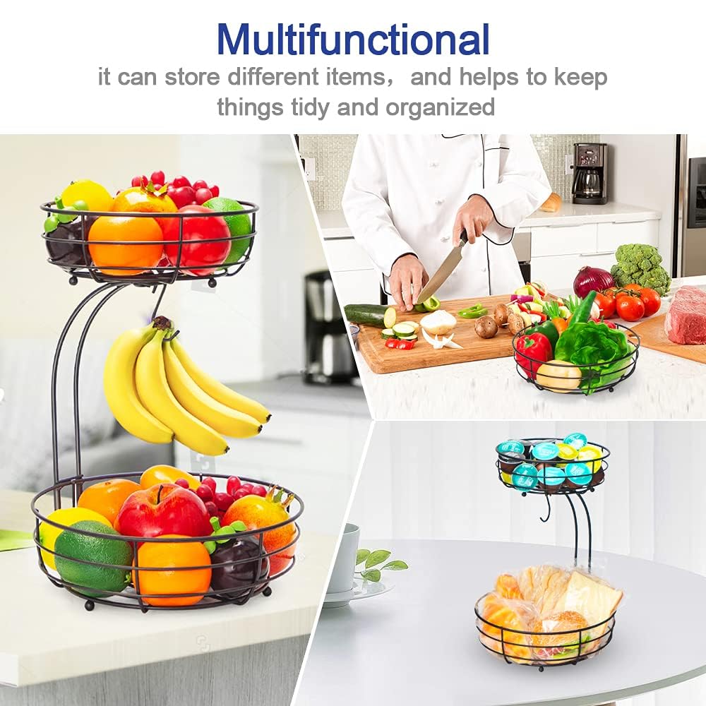 Auledio Iron 2-Tier Countertop Fruit Vegetables Basket Bowl Storage With Banana Hanger, Black, 64 ounces