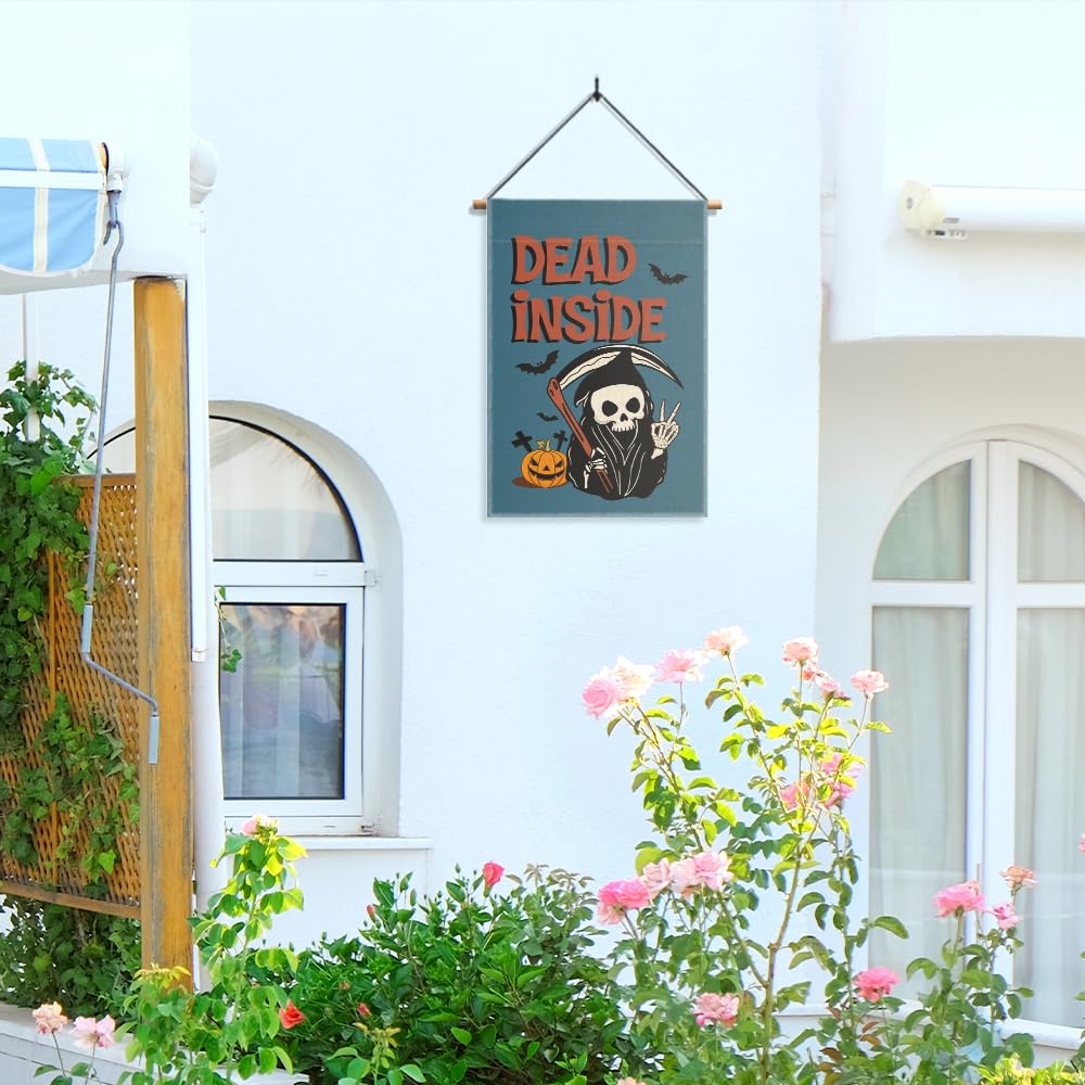 Gkodw Dead Inside Garden Flag, Funny Pumpkin Spooky Yard Flag for Outside, Welcome Autumn Fall Halloween Front Porch Lawn Decoration, Funny Skeleton Peace Sign Home Banner