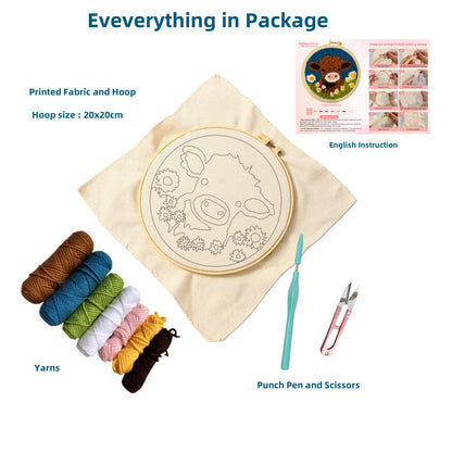 DIY Punch Needle Kits for Beginners Cute Cartoon Highland Cow with Daisy Flower with Hoop Embroidery Punch Needle Starter Craft Set Easy for Adults and Children Festival Gift and Decoration 20x20cm-1