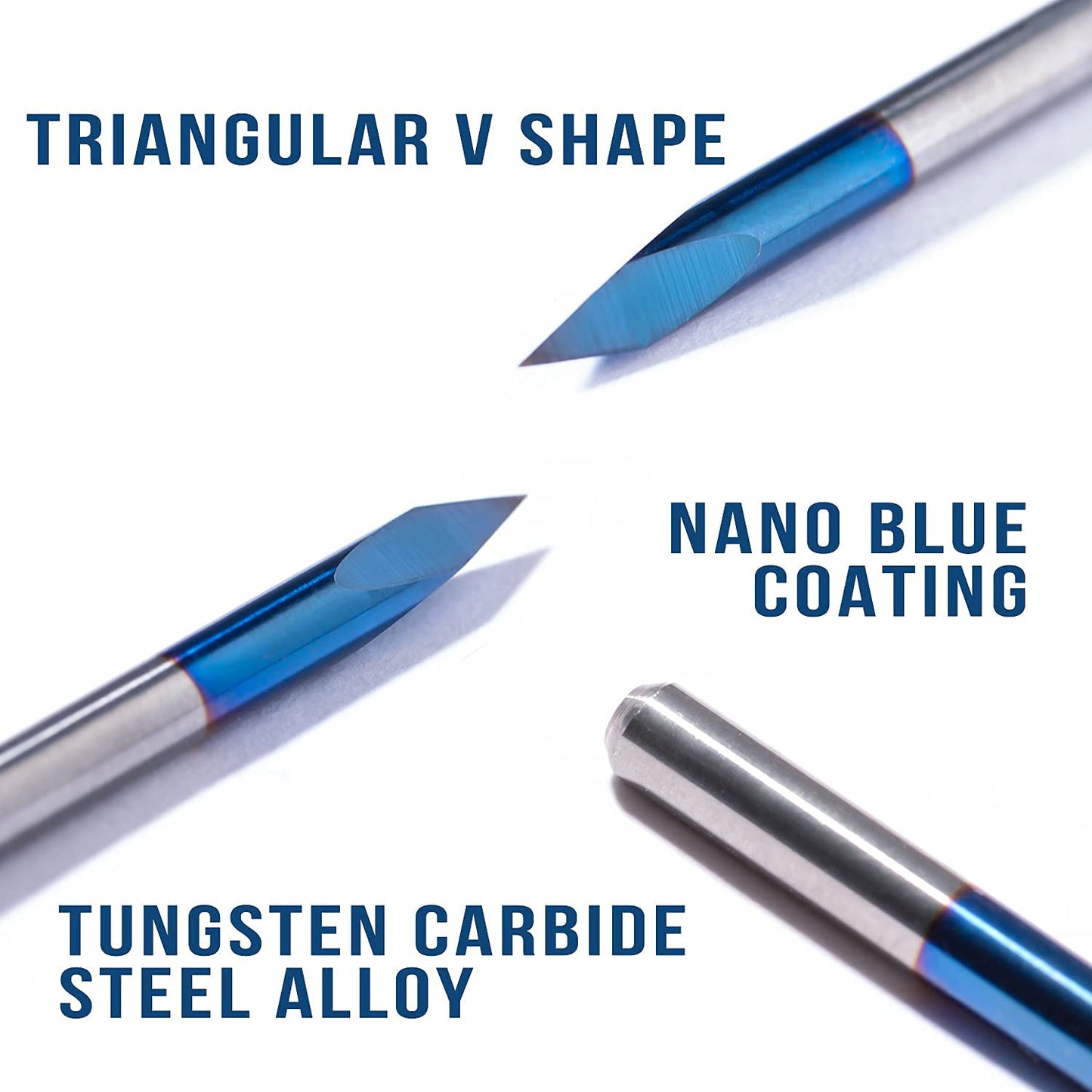 FoxAlien 20/30/45/60/90deg 0.1mm Triangular CNC Router Bits Set, 1/8" Shank Engraving Carving V-Bit with Nano Blue Coating Sharp Pyramid Bits for Acrylic Wood MDF Aluminum Lettering Sign Making