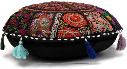 DK Homewares 18 Inch 18x18 Indian Traditional Floor Cushion Cover Bohemian Black Patchwork Yoga Pouf Ottoman Home Decor