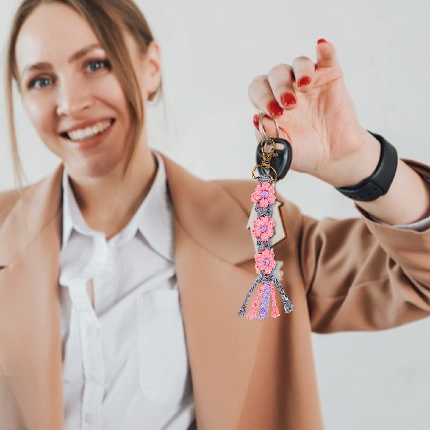 INFUNLY 8 Set Macrame Keychain DIY Kits Mini Boho Keychains Bag Charms Macrame Keychain Bracelet with Tassels for Car Key Purse Phone Instruction Included