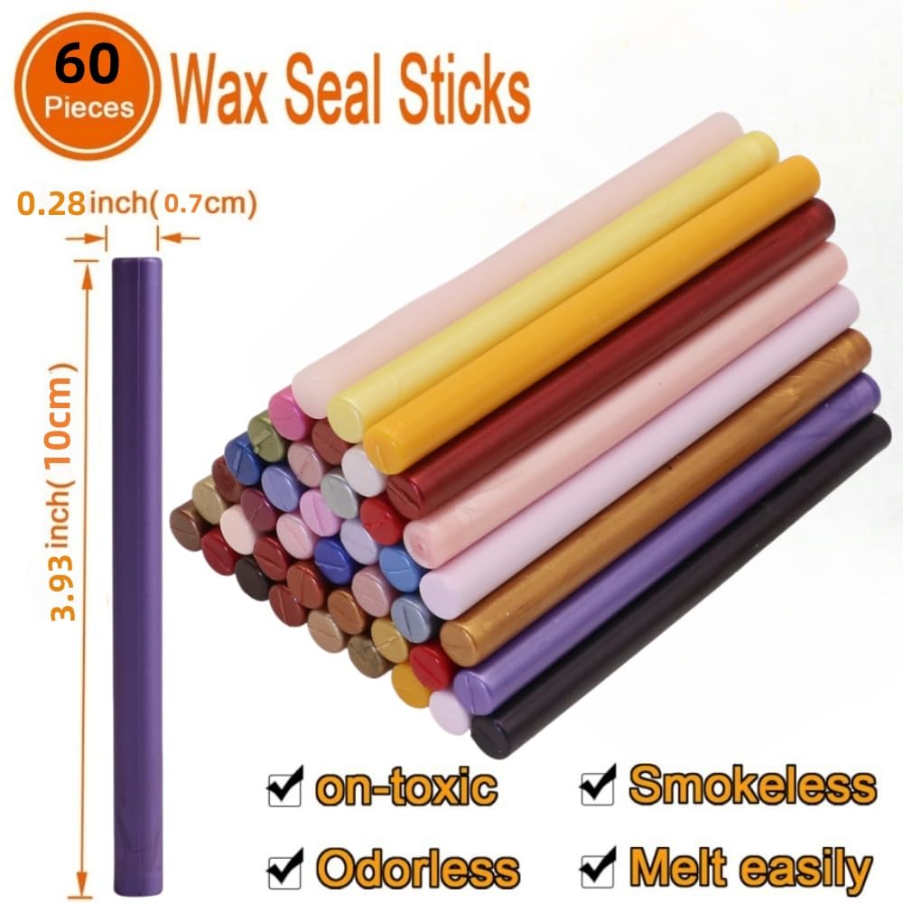 Sealling Wax Sticks Glue Gun Kit, Atopbb 60 Pcs Wax Seal Sticks with 1Pcs Glue Gun 2pcs 3D Frame Seal Stamp, Sealing GlueGun, 2pcs Metallic Pen, Great for Christmas Gift (61)