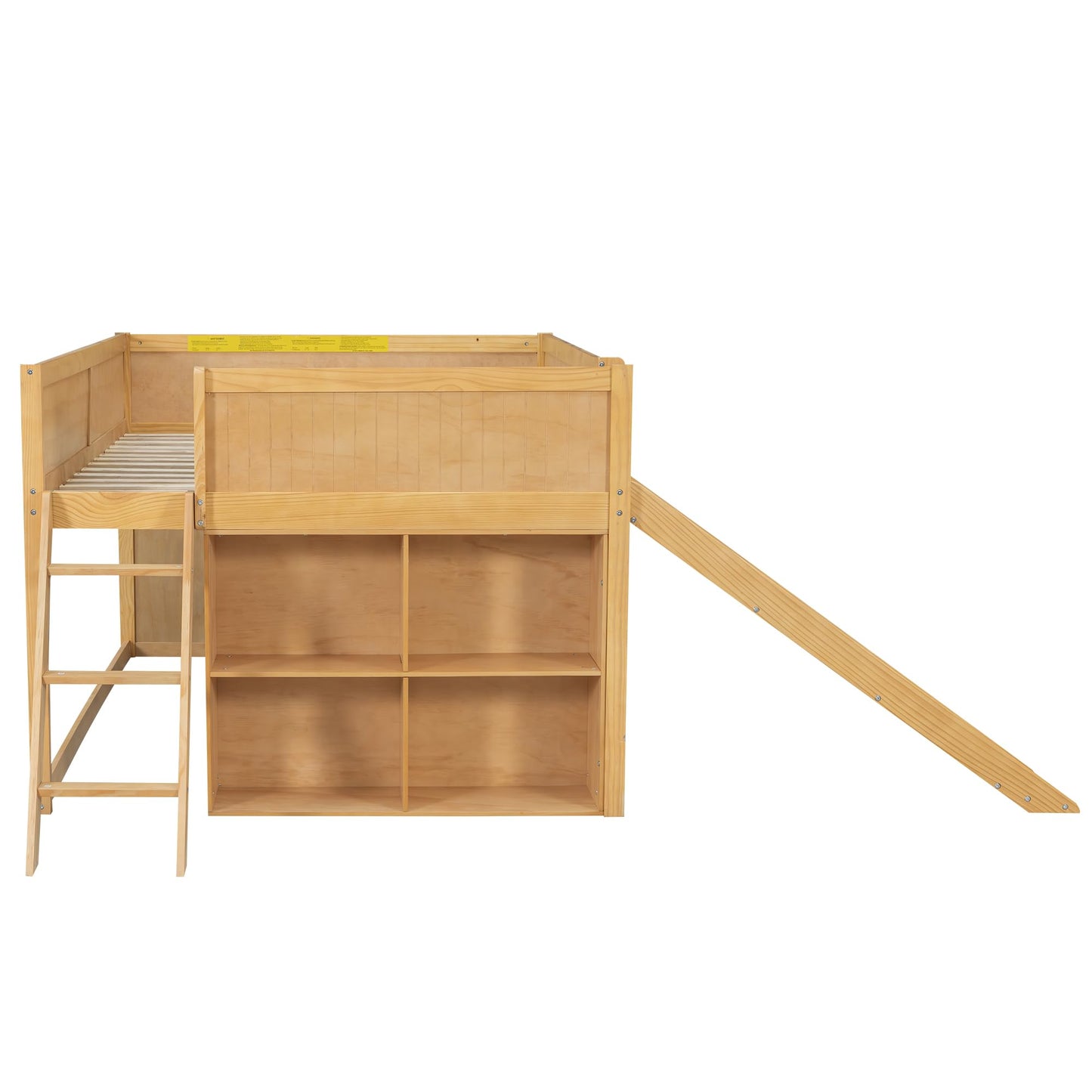 Merax Full Size Loft Bed with Slide & Stairs, Low Loft Bed for Kids, Solid Wood Bed Frame with Storage Shelve, Guard Rails, Slat Support & Under-Bed Play Space, No Box Spring Needed, Natural