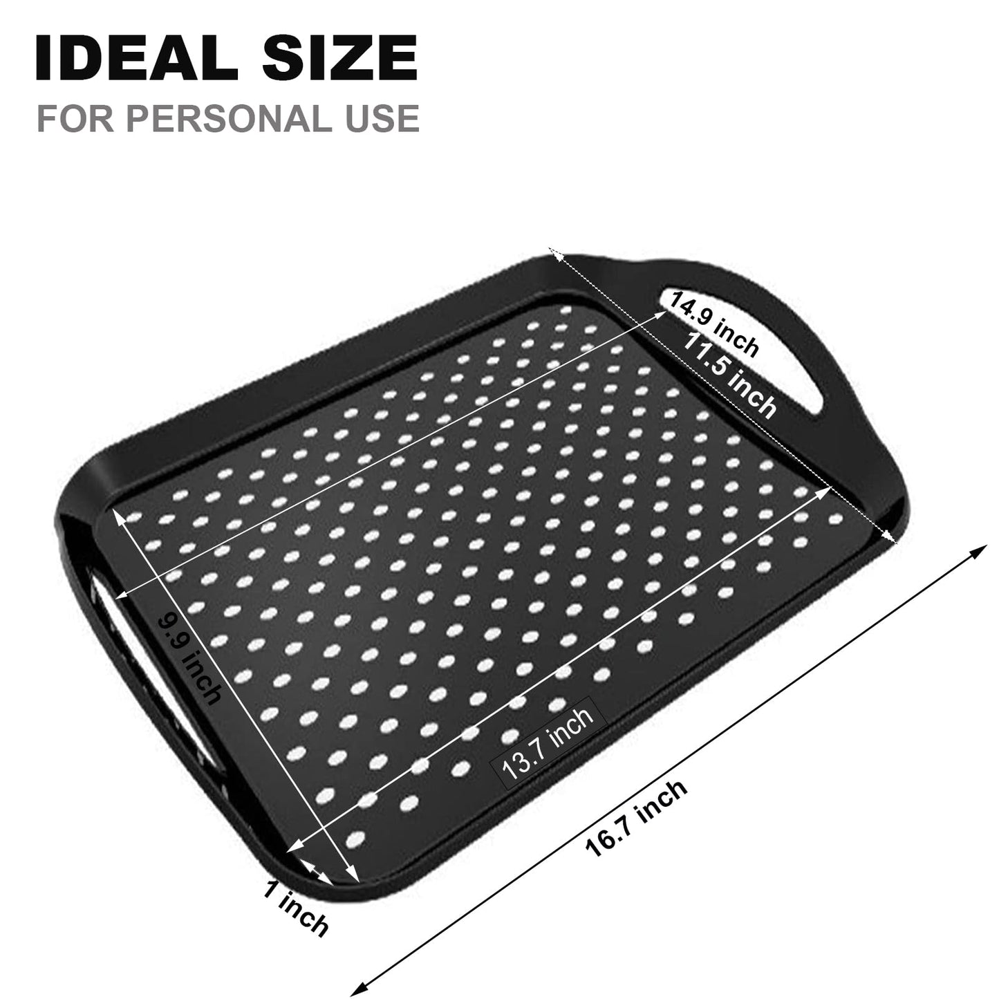 ECOIOU Non Slip Food Serving Tray with Handles, 2-Pack Rectangle Anti-Slip Non-Toxic Dishwasher Safe Tray for Snack Fruit Dessert Breakfast Drink,Black