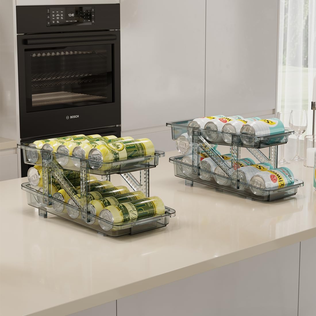 Set of 2 Adjustable Soda Can Organizer for Refrigerator - Beverage Can Dispenser for Standard, Skinny, and Tall Cans