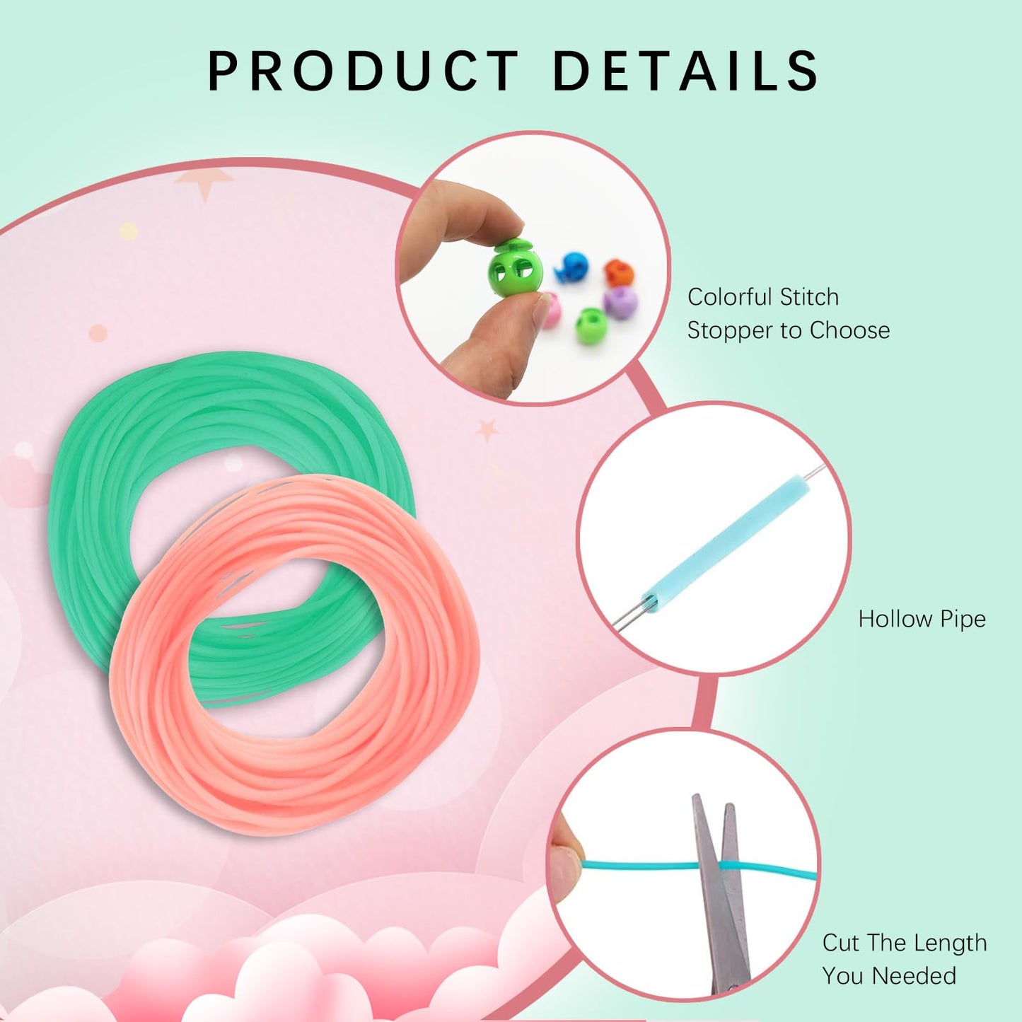 GeryVtee Cord Lock Kit Knitting Stitches Holder Barber Cord Stitch Markers Knit Stiches Keeper 36 Pcs Silicone Stitch Holders & 6 Rolls Round Barber Cords for Knitting Projects