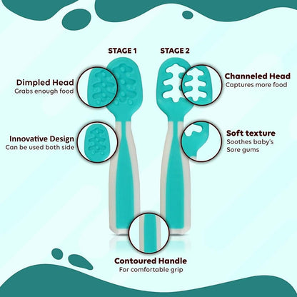 Skiennix Baby Spoons - Silicone Pre-Spoons for 6+ Months - Ideal for Baby Led Weaning | Set of 2 Teal/White