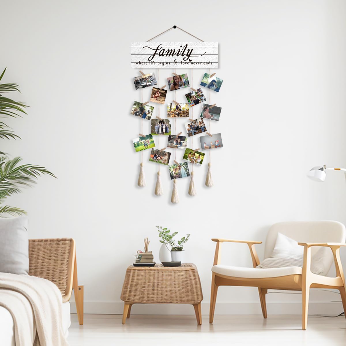 Gwisml Photo Wall Display,Collage Picture Frame,Clip Photo Holders for Wall,Wooden Hanging Photo Display with 16 Clips 5 Strings,Family Where Life Begins and Love Never Ends Sign Wall Decor