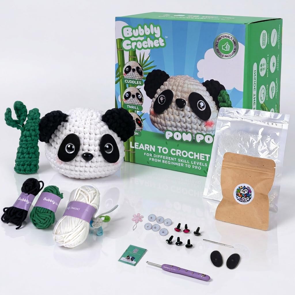 Bubbly Crochet Pom Pom the Panda Beginner Crochet Kit – DIY Plush with Custom Eyes & Bamboo Accent, Guided Tutorials & All-in-One Tools – Amigurumi Craft and Easy Arts