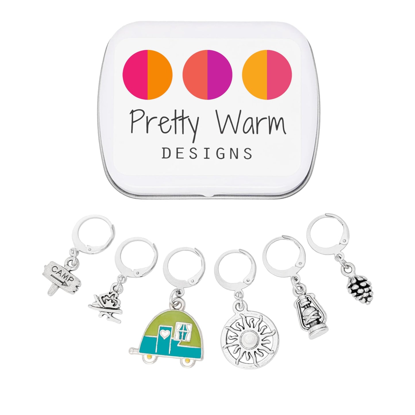 Pretty Warm Designs Happy Camper Removable Stitch Markers - Retro RV Trailer Outdoor Yarn Accessories for Knitters and Crocheters - Set of 6 Handcrafted Pieces in Metal Hinged Case