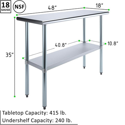 KPS Commercial Stainless Steel Work Prep Table – 18" x 48" NSF Certified Heavy-Duty Table with Adjustable Undershelf for Restaurant, Kitchen, or Garage Use