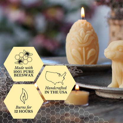 Big Dipper Wax Works Beeswax Egg Pillar Candle, 100% Pure Beeswax, 40 Hour Burn, 3.5 Inch Floral Sculpted Design, Cotton Wick, Unscented Natural Honey Aroma, Spring and Easter Decor