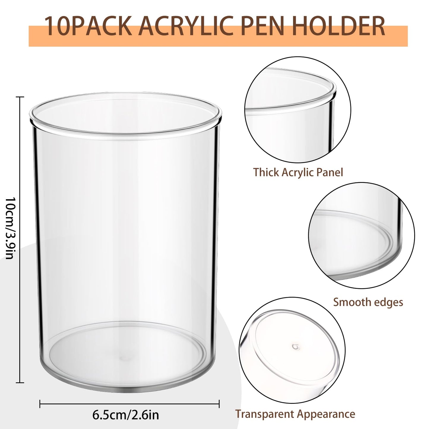Crtiin 10 Pack Clear Acrylic Pen Holder Makeup Brush Round Pencil Holder for Desk Pen Cups Desk Organizers and Storage Desktop Stationery Organizer for Office School Home Supplies