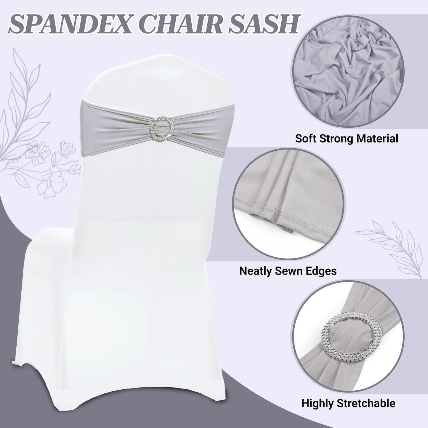MDS Spandex Chair Sashes - Universal Fit Elastic Stretch Ties with Buckle for Weddings | Light Silver, Pack of 200