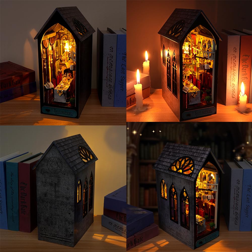 DIY Miniature House Kit, European Style Book Nook Kit, Illusion Mirror Design Miniature Dollhouse Kit, Booknook Bookshelf Desktop Decor Model Build Creativity Gift for Women and Adults