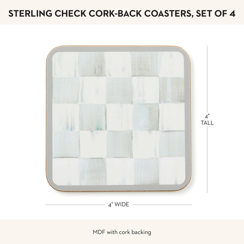 MACKENZIE-CHILDS Square Cork-Back Coaster Set, Table Coasters for Drinks, Set of 4, Gray-and-White Sterling Check
