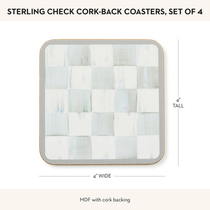MACKENZIE-CHILDS Square Cork-Back Coaster Set, Table Coasters for Drinks, Set of 4, Gray-and-White Sterling Check
