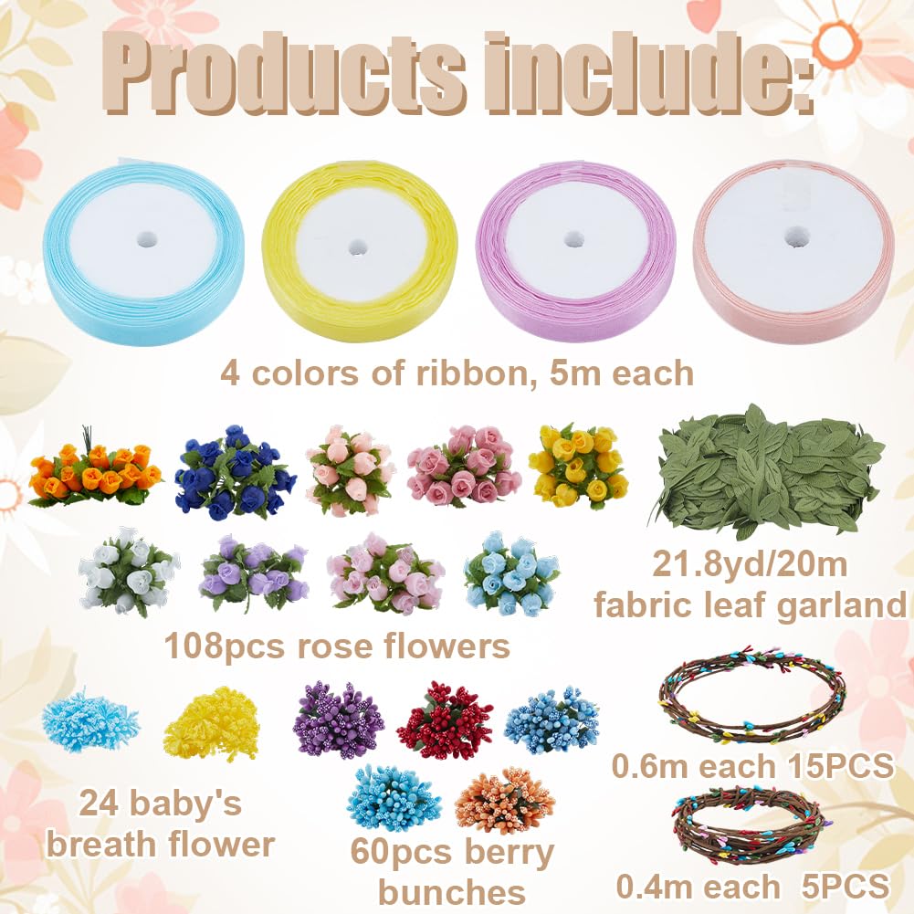 ACRNIGHEET 20 Sets DIY Flower Crown Making Kit, Fairy Party Favors Floral Headband and Bracelet, Make Your Own Crown Garland Kits, Rosebud Flowr Crowns Kit for Princess Women Wedding Birthday Party