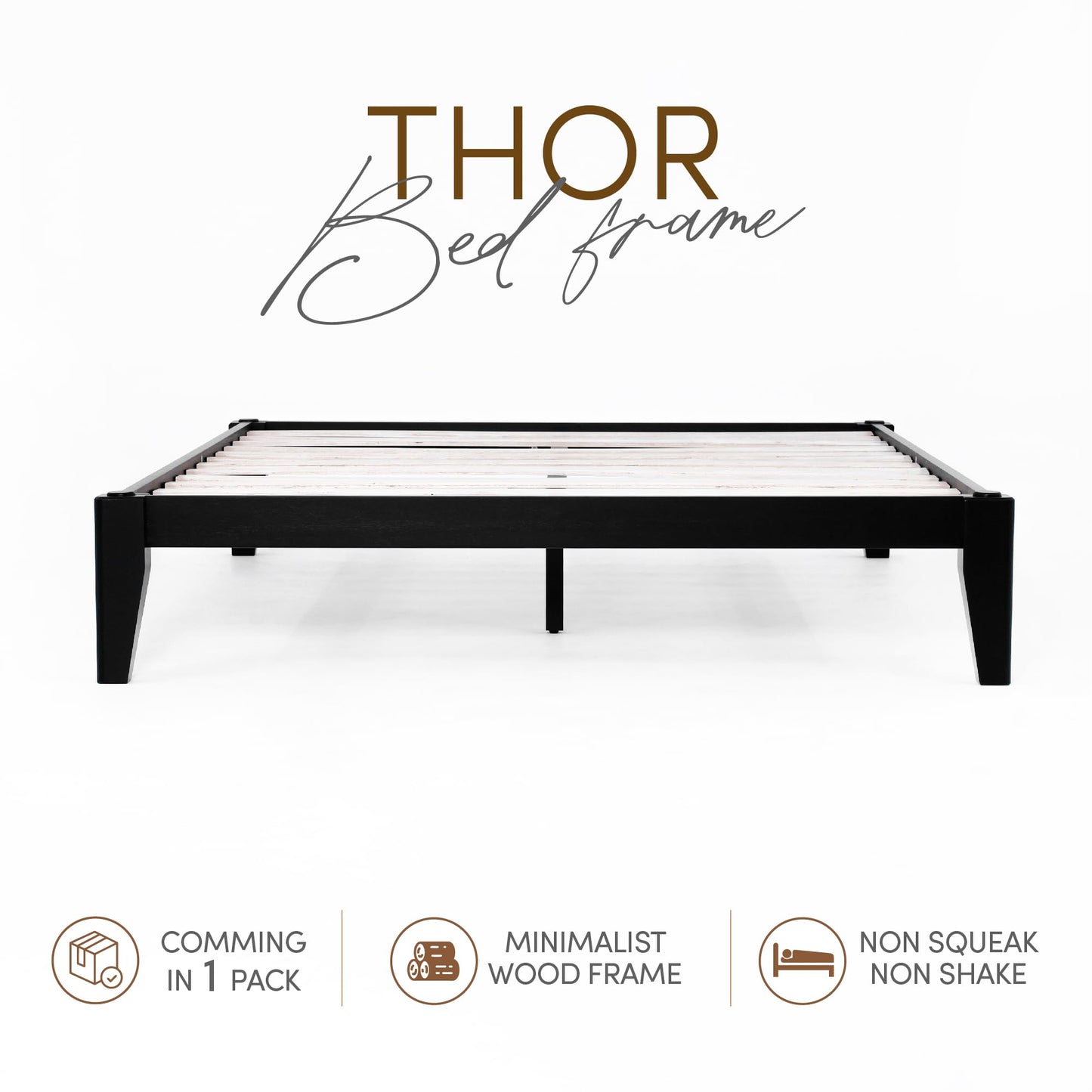 AllForWood Thor Premium Solid Wood Bed Frame King, Japanese Joinery Bed Frame with Wood Slat Support, Platform Bed, No Box Spring Needed, Easy Assembly, Minimalist & Modern Style (Midnight Charcoal)