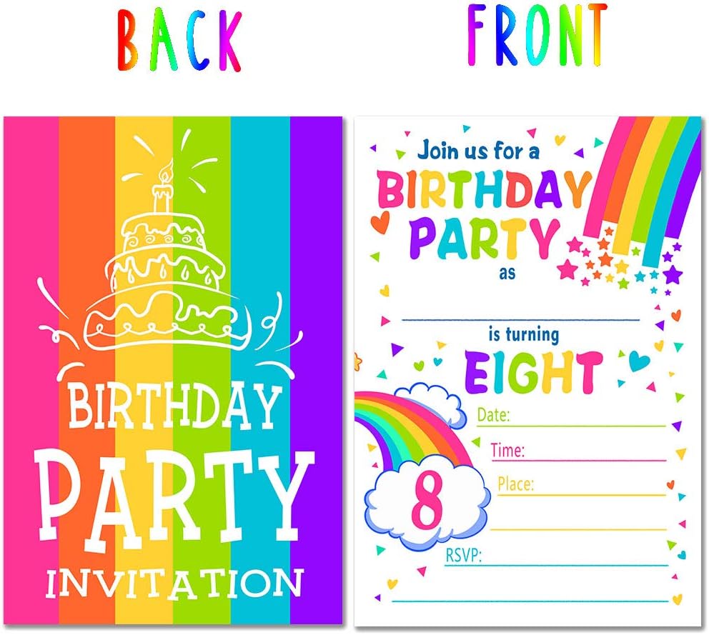 ukebobo Rainbow Happy Birthday Party Invitations for Child’s 8th Birthday – 20 Colorful Cards with Envelopes