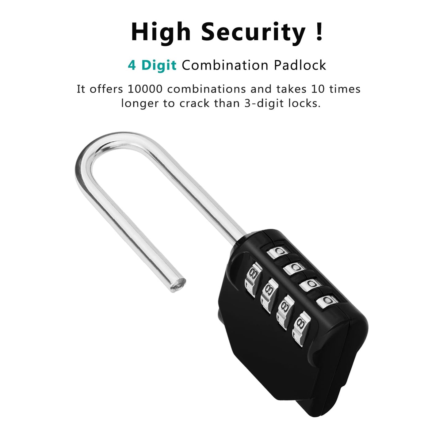 ZHEGE Long Shackle Padlock, 4 Digit Combination Lock, Resettable Weatherproof Combo Lock for School, Gym, Employee Locker, Outdoor, Fence (Black, 2 Pack)