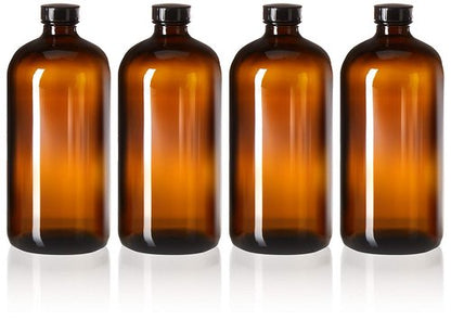 kitchentoolz 32oz Amber Glass Boston Round Bottles with Poly Cone Caps – 12 Pack Leak-Proof Bottles for Brewing, Storage, and DIY Projects