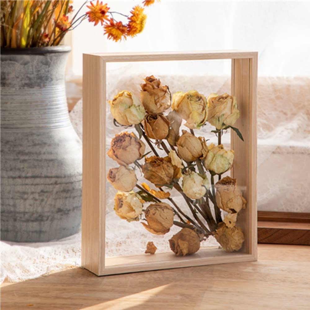 OUKEYI 8x10 Floating Frame in Light Oak,Double Glass Picture Frame Display Photo ，Wooden Dried Flower Photo Frame Dried Flower Display Stand Decorative Floating Photo Frame