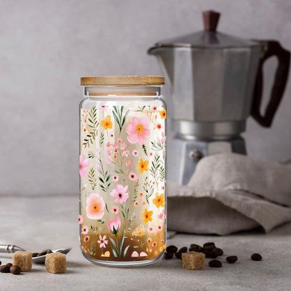 Floral 16oz Iced Glass Cups with Bamboo Lids and Straws Wildflower Coffee Cup Gift for Women Cute Flower Drinking Glass with Cleaning Brushes, Flower Gifts for Mother Birthday Bridesmaid Party