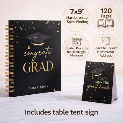 Paper 'n Such Black and Gold Graduation Guest Book, Hardcover Spiral Book with Confetti Design - Grad Party Supplies Favors