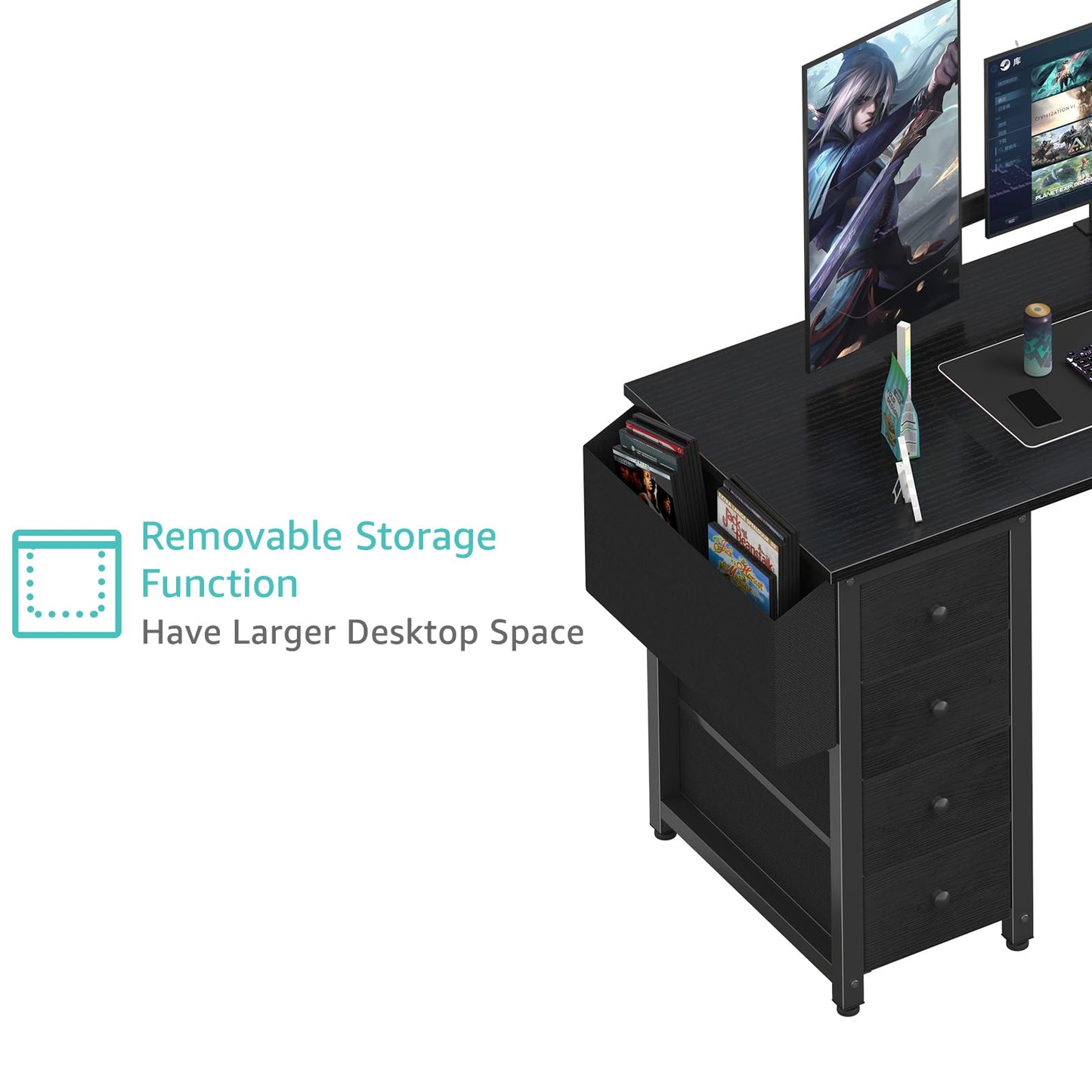 Lufeiya L Shaped Gaming Desk with Drawers & Storage Shelves, 55 Inch Corner Computer Desk with Power Outlet for Home Office Bedroom, L-Shaped Teen PC Desks with Fabric Drawer, Black