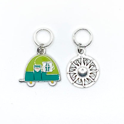 Go Camping Knitting Stitch Markers with Storage Tin | Ring Style Closed Rings | Camping Theme | Gift for Knitters & Yarn Lovers | Handmade by Pretty Warm Designs