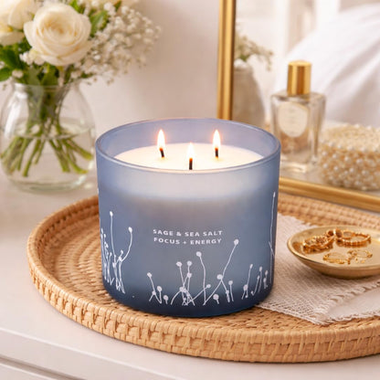 White Sage Sea Salt 3 Wick Candle - Large Soy Scented Candle 14.5 oz - Sage Candle for Cleansing House - Aromatherapy Energy Cleansing Candle for Home, Stress Relief, Women & Men