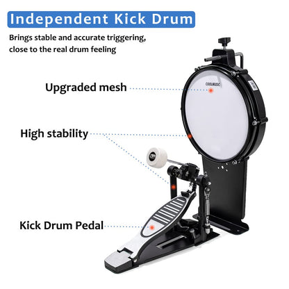 Coolmusic DD8 Electric Drum Set Electronic Kit with Mesh Head 8 Piece, Drum Throne, Sticks Headphone and Audio Cable Included, More Stable Iron Metal Support Set