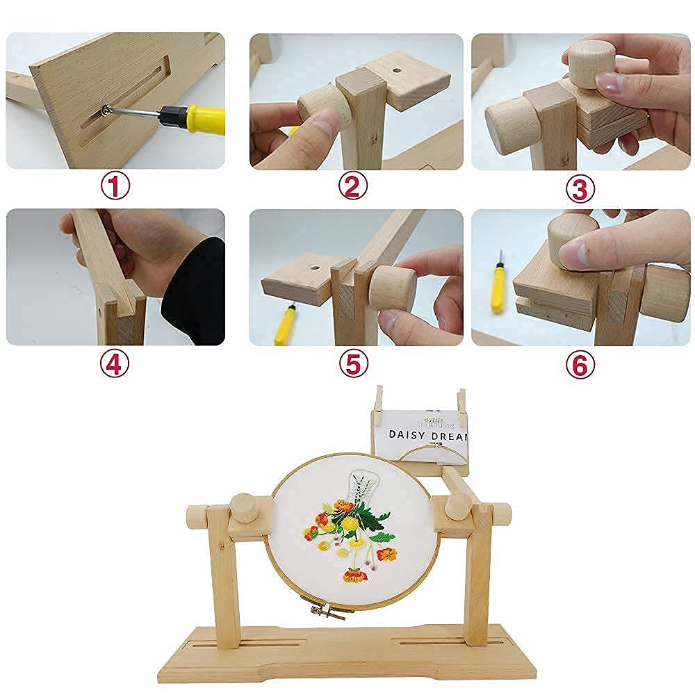 Embroidery Hoop Stand - Size Adjustable Cross Stitch Table Stand, Rotated Wooden Needlepoint Hoop Holder Stand for Sewing Craft Supplies