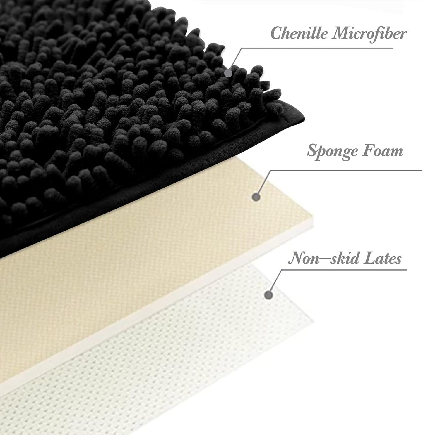 Non-Slip Bath Rug, Extra Soft Microfiber Bedroom Shag Carpet with Anti-Slip Backing, 12 x 24 Inches, Black
