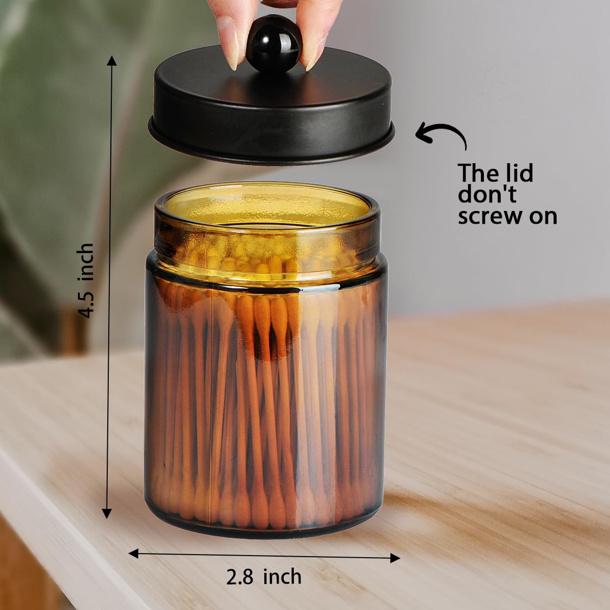 Amolliar Amber Glass Qtip Holder, Apothecary Jars with Matte Black Metal Lid & Stickers-Bathroom Qtip Dispenser Storage Organizer Set,Vanity Counter Canister for Cotton Swabs,Round Pads,Floss (6 Pack)