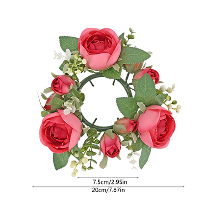 Artificial Rose Candle Rings Wreath Mini Floral Wreaths Pillar Candle Holder with Blooming Flowers and Green Leaves for Wedding Party Home Table Centerpieces Decor (Hot Pink)