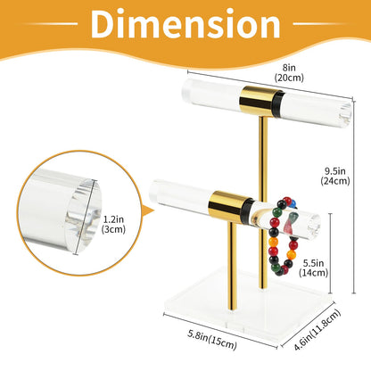 SHUNKAIZS 2 Tier Acrylic Bracelet Holder, Clear Gold T-Bar Jewelry Display Stand, Tangle-free Necklace Stand, Heavy Duty Jewelry Organizer Rack for Retail Store Vendors Counter Home