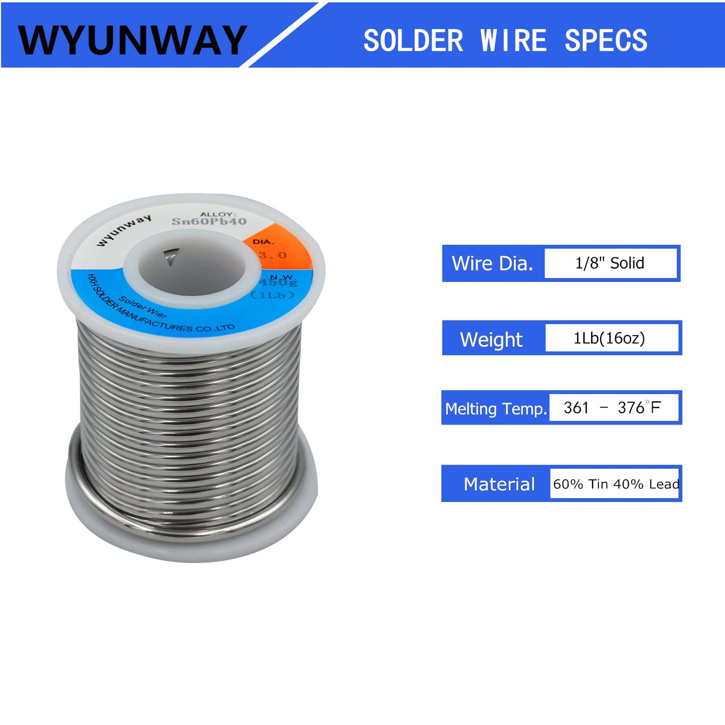 wyunway 60/40 solder for stained glass solder wire (450g(1LB)，1/8"(3mm) Dia