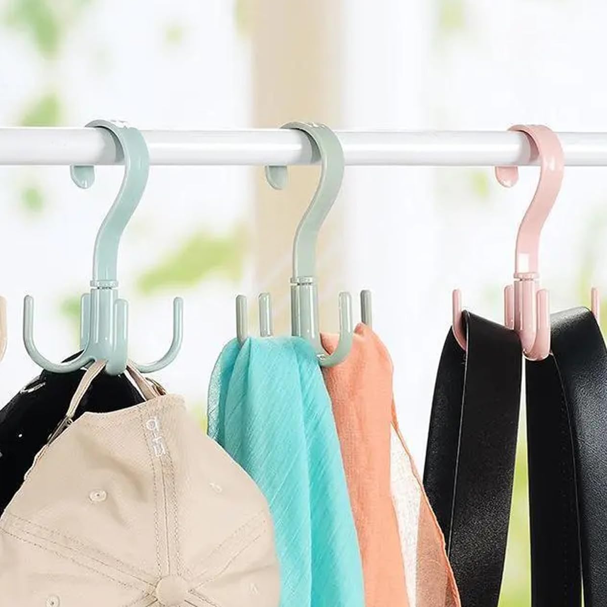 Closet Hanging Hooks, Rotatable Storage Organizer, Set of 4 Punch-Free Closet Hanger Holder for Home