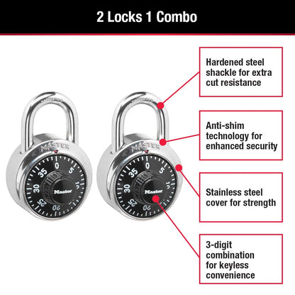 Master Lock Black Gym Locker Lock Combination Padlock, Indoor Combo Lock with Preset 3-Digit Code for Cabinets, Storage, 2 Pack, 1500T