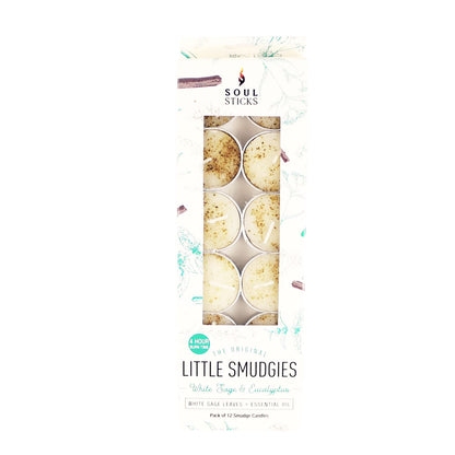 SOUL STICKS 12 Pack Little Smudgies Tealight Candles Smudge Candle for Cleansing House, Meditation, Chakra Healing | Made with Crystals and Herbs (White Sage & Eucalyptus)