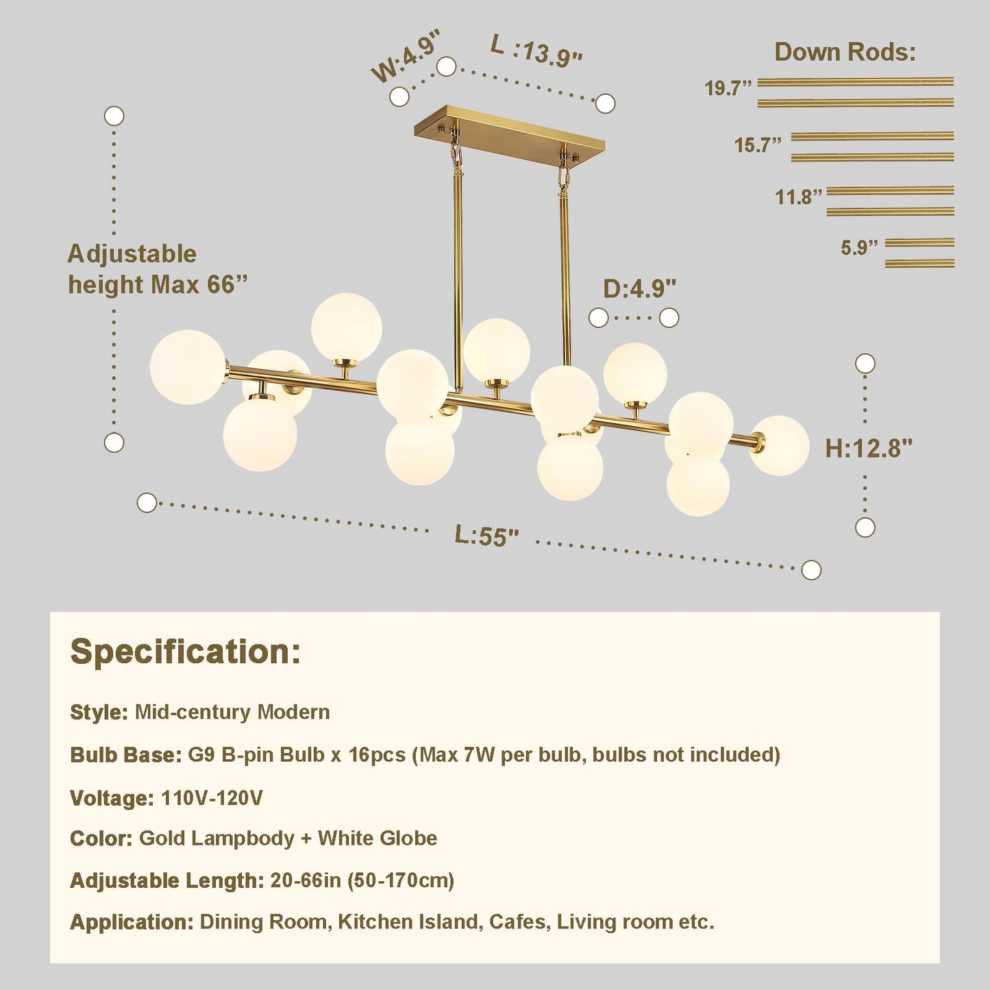 DUGHKUGH Mid Century Modern Chandelier 55in Linear Gold Pendant Lighting Fixture Linear Chandeliers for Kitchen Island, Dining Room 16-Light