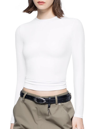 PUMIEY Long Sleeve Shirts for Women Crew Neck Slim Fit Fall Tops Sexy Basic Tee, Splashed White Medium