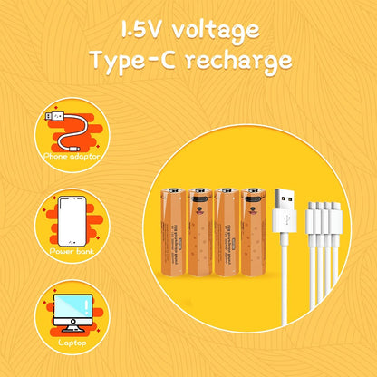 PULOMI New Rechargeable AA Batteries 1.5V 2000mWh USB Zinc Rechargeable AA Battery with USB Type C Charging Cable, High Capacity, Constant Output, Over-Charge Protection,4-Pack